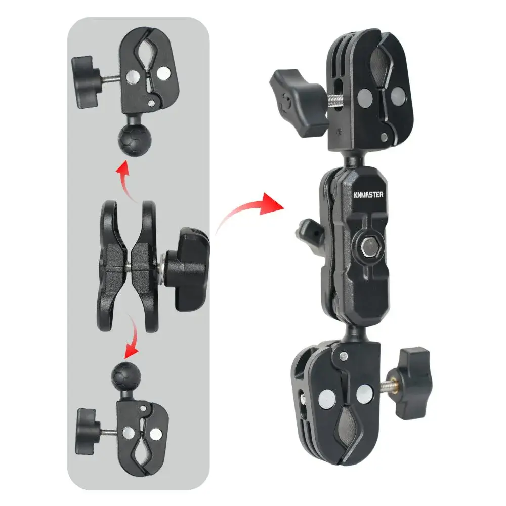 KNMASTER MC160 – 360° AYARLANABİLİR MOTOSİKLET ÇİFT YENGEÇ KELEPÇELİ (DOUBLE CLAMP) AKSİYON KAMERA DESTEK APARATI (22 CM)