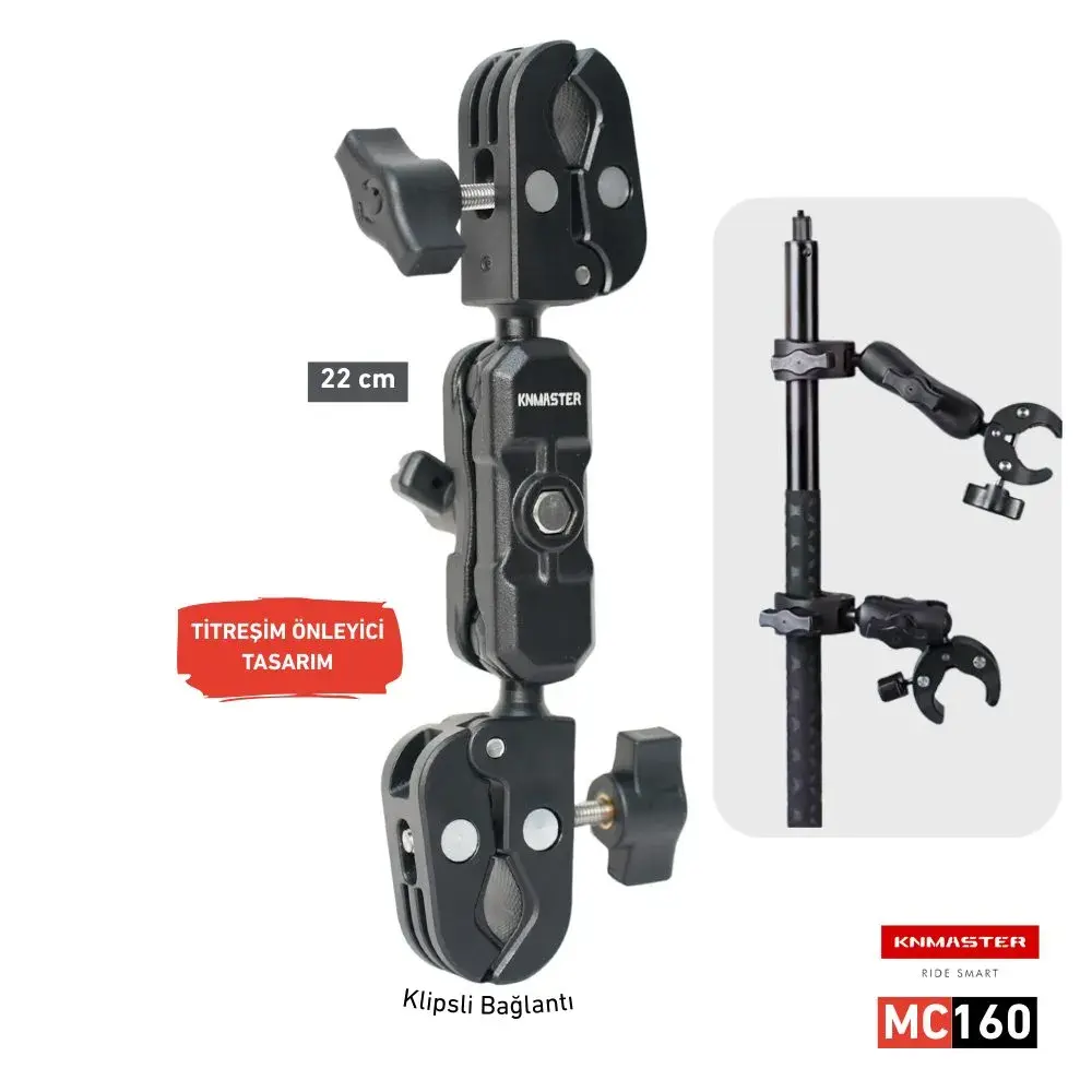 KNMASTER MC160 – 360° AYARLANABİLİR MOTOSİKLET ÇİFT YENGEÇ KELEPÇELİ (DOUBLE CLAMP) AKSİYON KAMERA DESTEK APARATI (22 CM)
