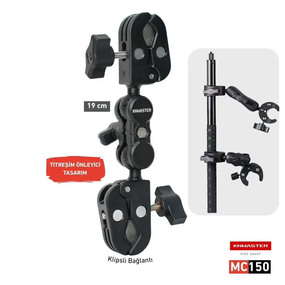 KNMASTER MC150 – 360° AYARLANABİLİR MOTOSİKLET ÇİFT YENGEÇ KELEPÇELİ (DOUBLE CLAMP) AKSİYON KAMERA DESTEK APARATI (19 CM)