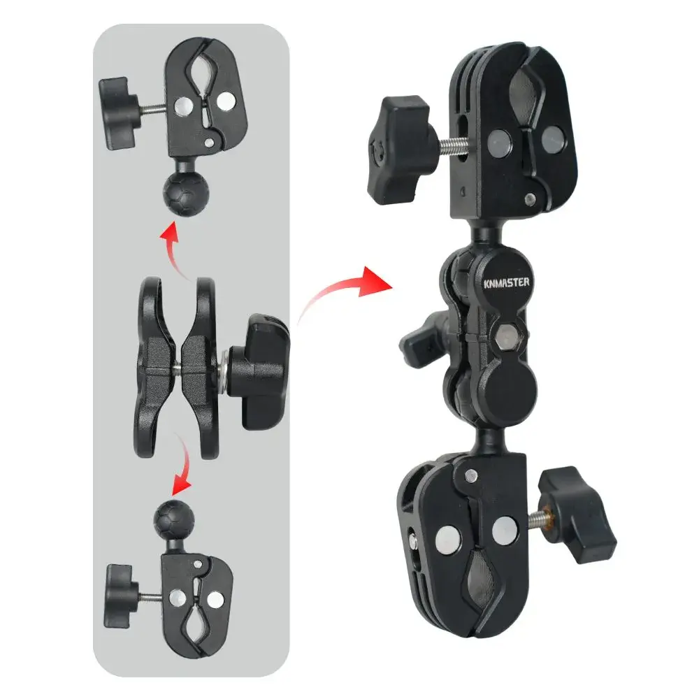 KNMASTER MC150 – 360° AYARLANABİLİR MOTOSİKLET ÇİFT YENGEÇ KELEPÇELİ (DOUBLE CLAMP) AKSİYON KAMERA DESTEK APARATI (19 CM)