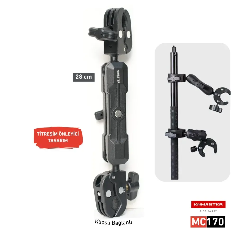 KNMASTER MC170 – 360° AYARLANABİLİR MOTOSİKLET ÇİFT YENGEÇ KELEPÇELİ (DOUBLE CLAMP) AKSİYON KAMERA DESTEK APARATI (28 CM)